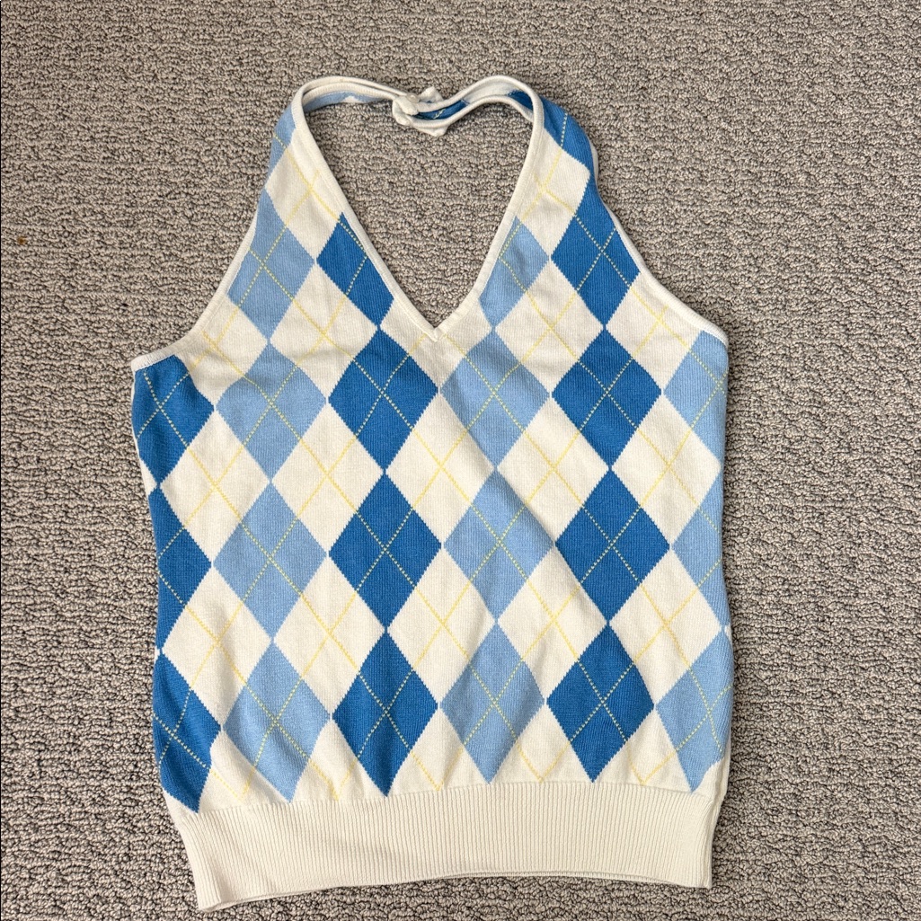 New York & Company Blue And Cream Argyle Halter Top